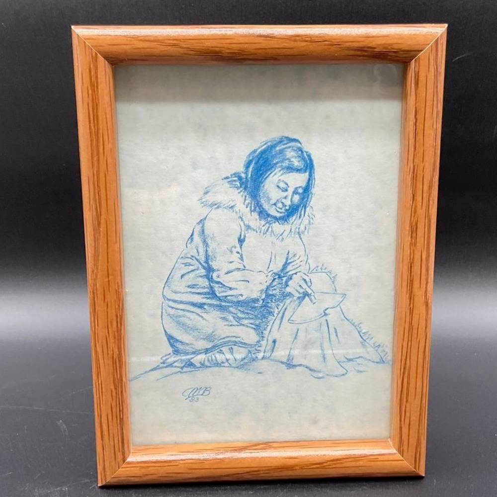 AWB 1983 Pencil Drawing Inuit Woman Scraping Hide with Ulu Print Blue‎ Oak Frame